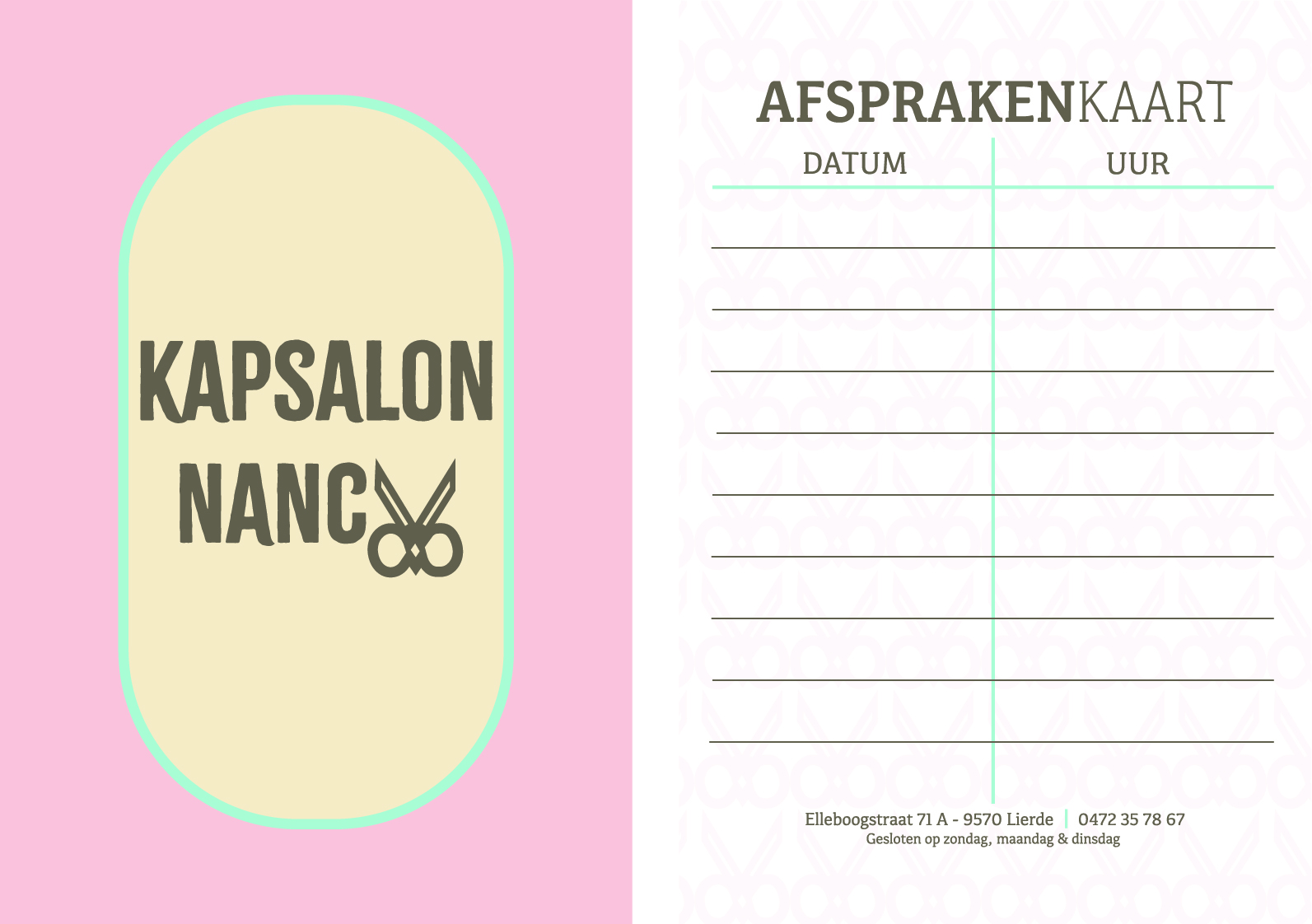 Er was geen bestaand logo dus we verwerkten een schaar op een creatieve manier in de naam. We drukten de kaartjes op velvet papier met beschrijfbare achterkant. 